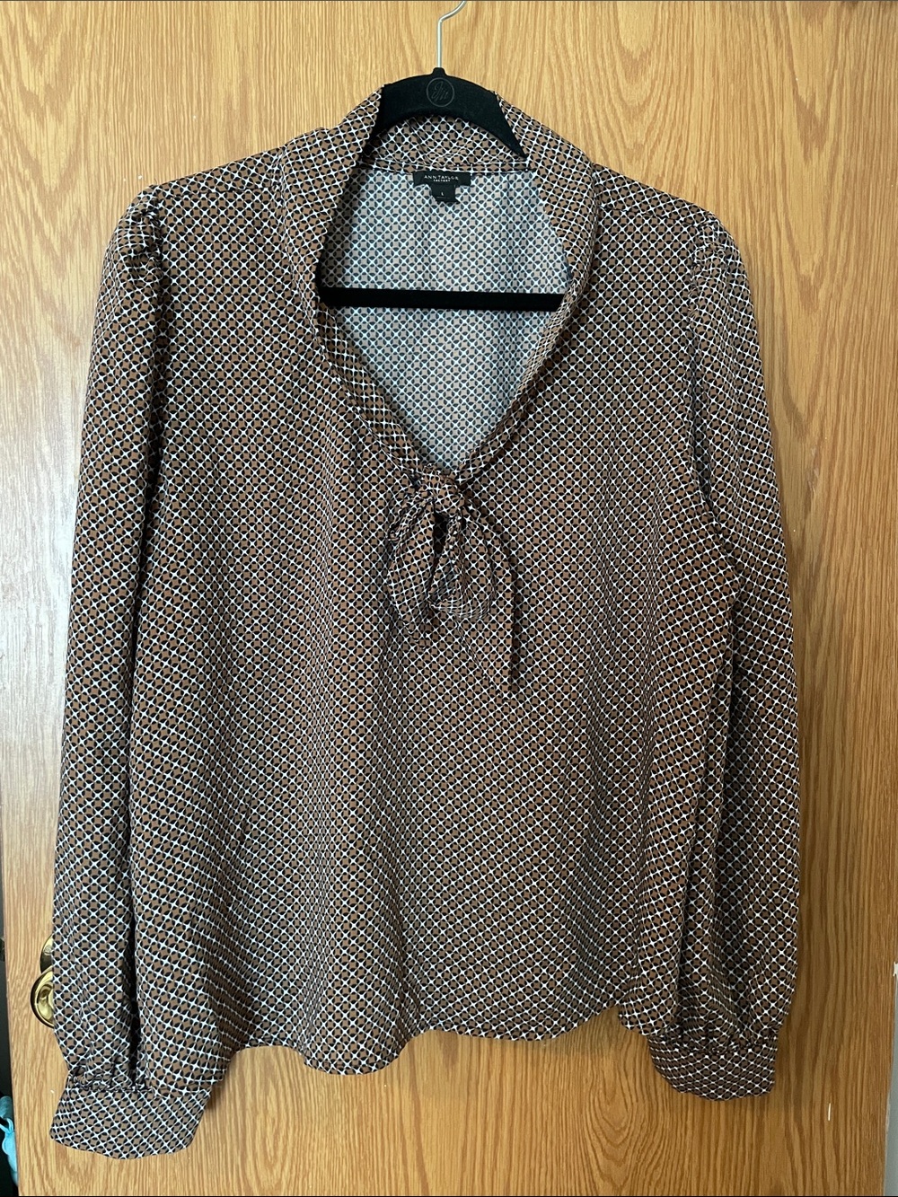 Ann Taylor Factory Brown Geometric Tie-Neck Blouse